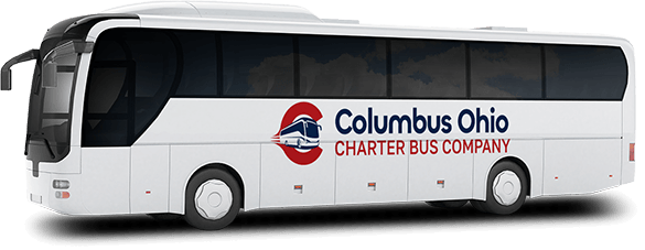 a plain white charter bus with a columbus ohio charter bus company logo